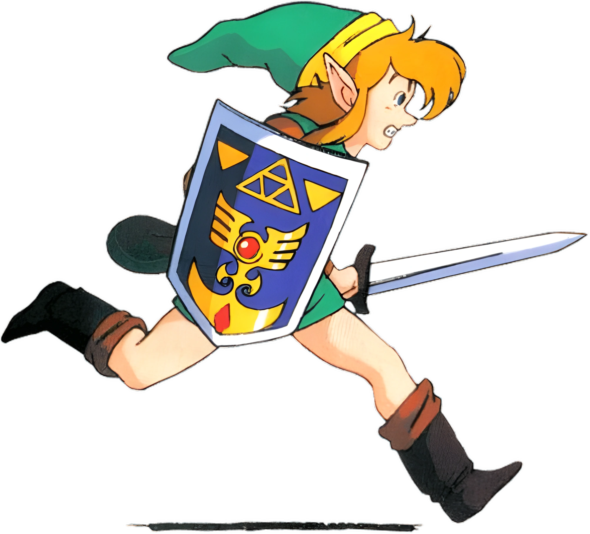 Original SNES-era illustration of Link running with his sword and shield