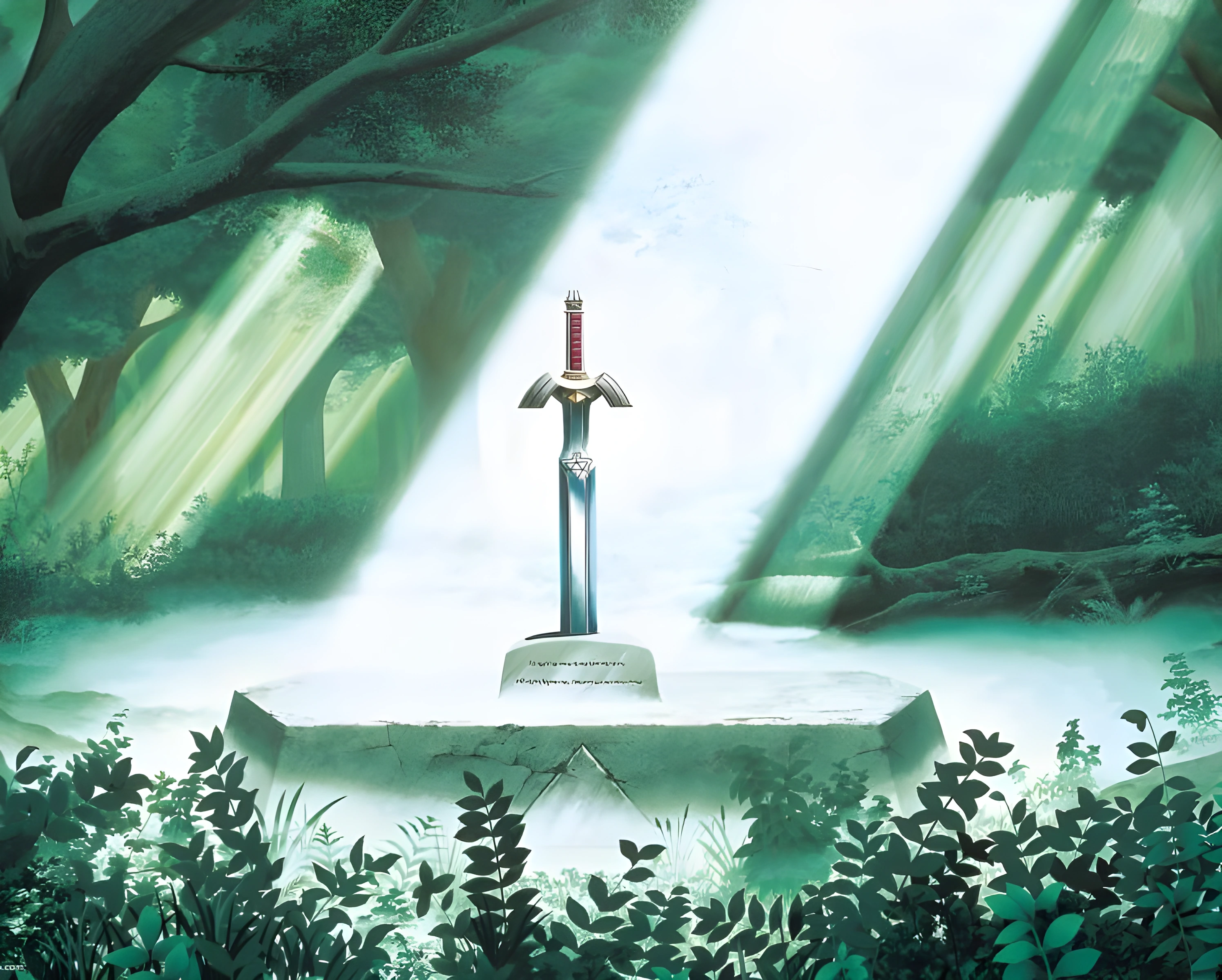 The Master Sword resting in its pedestal in the Lost Woods, original A Link to the Past illustration