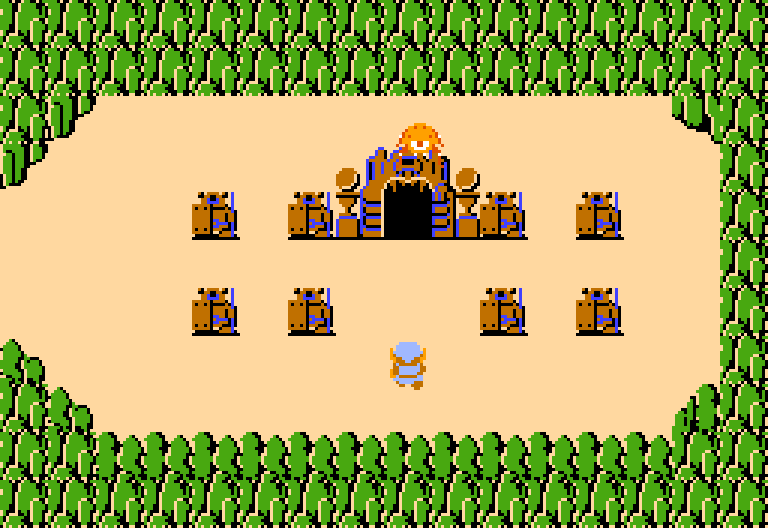 An original NES Zelda scene, with Link approaching a dungeon entrance