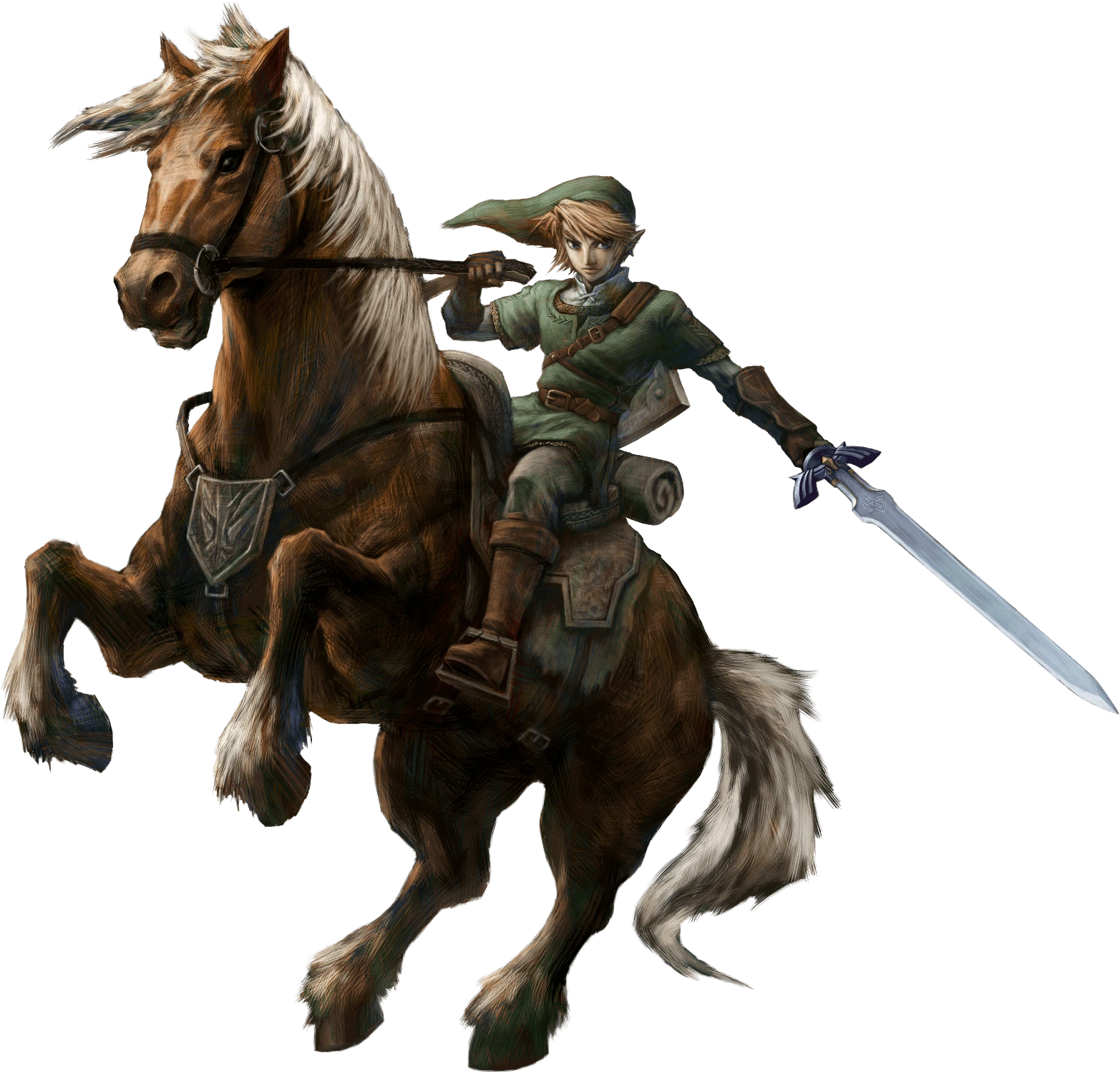 Link riding Epona with his sword drawn, original Twilight Princess artwork