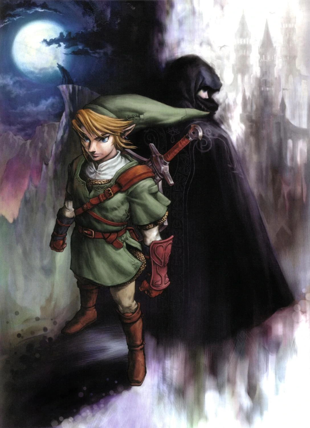 Original Twilight Princess illustration of Link with a cloaked Princess Zelda