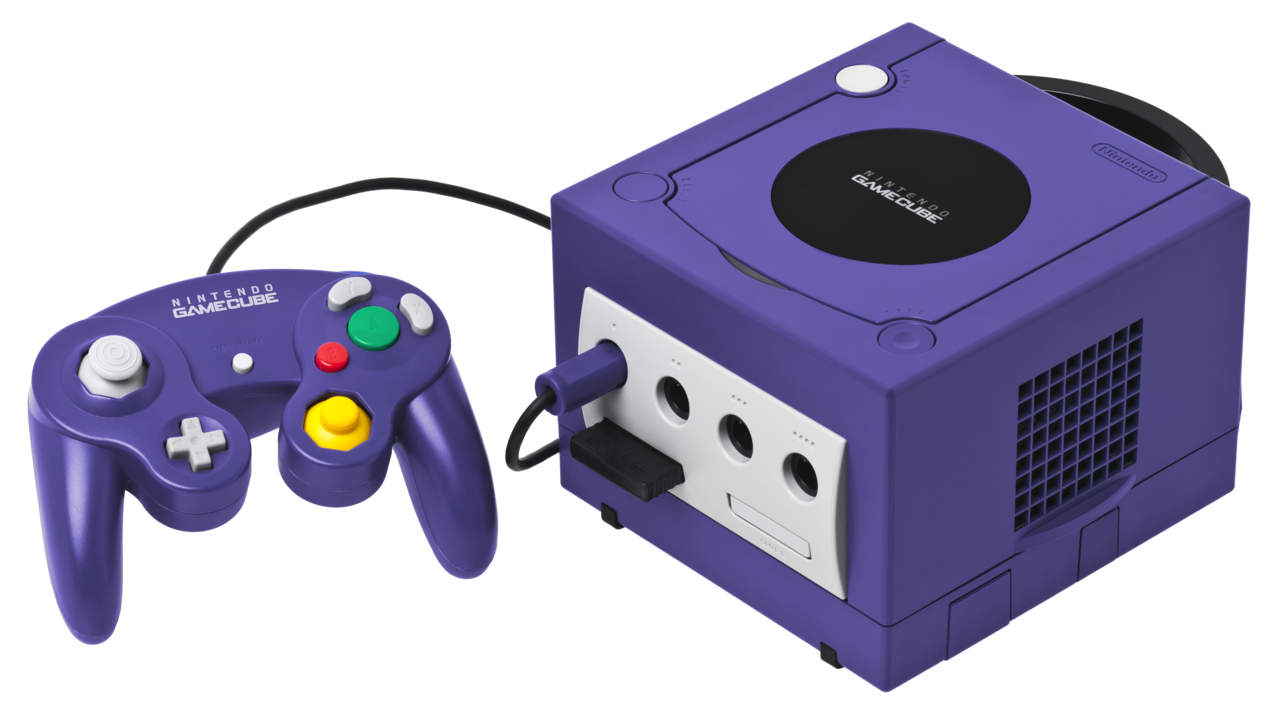An original indigo Nintendo GameCube with its controller, photographed by Evan-Amos
