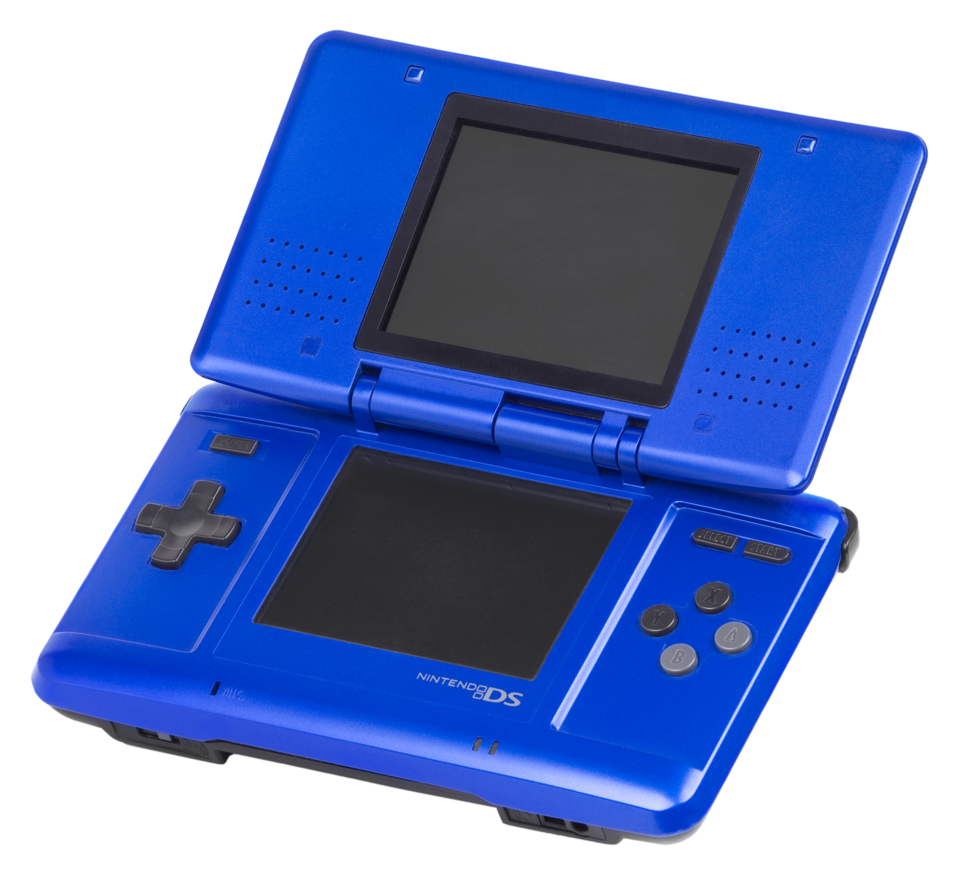 Original blue Nintendo DS and stylus, photographed by Evan-Amos