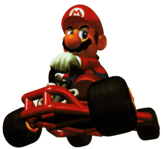 Original artwork of Mario at the wheel of his red kart