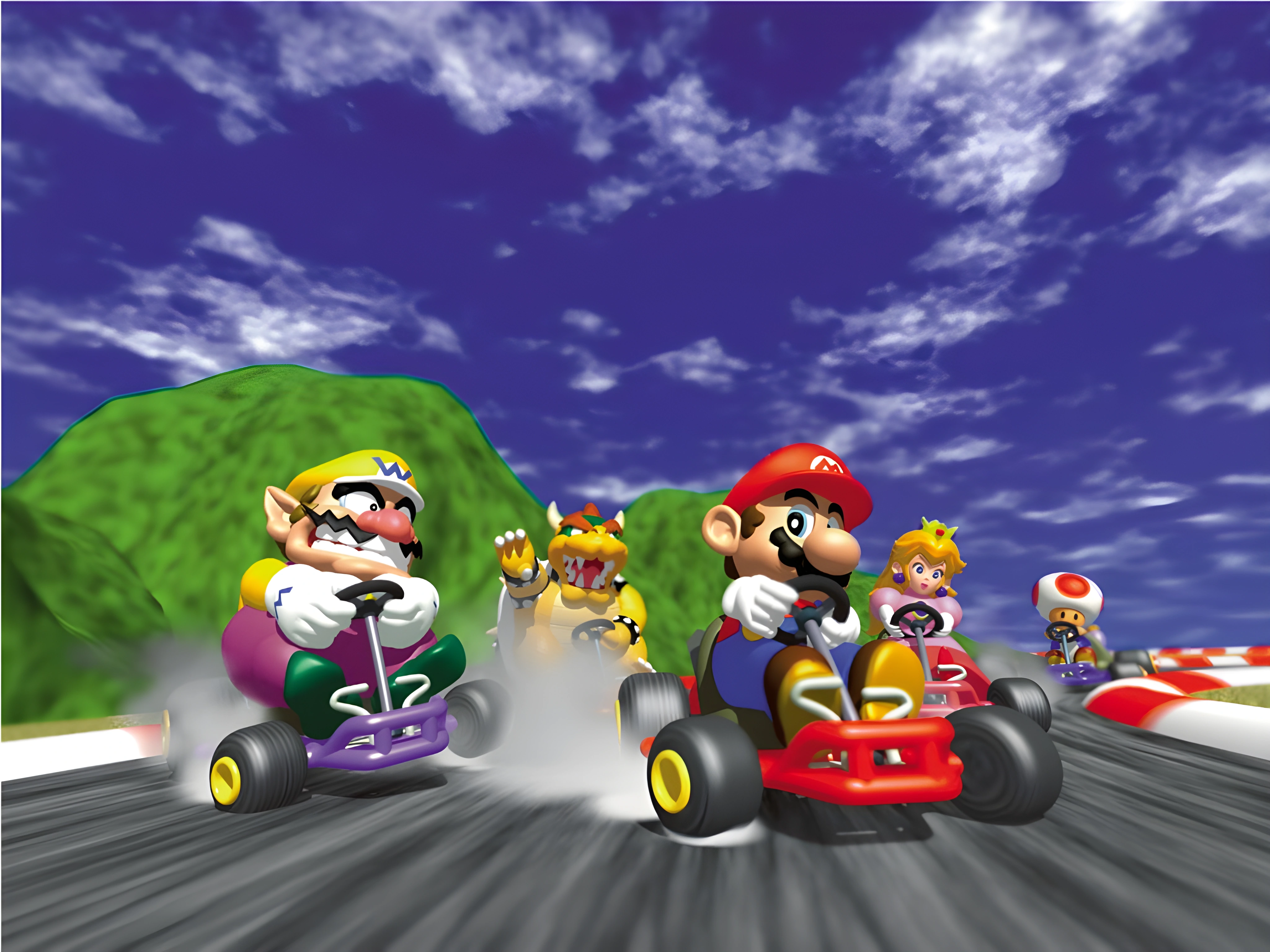 Mario, Peach, Toad, Wario and Bowser race side by side in original Mario Kart 64 artwork
