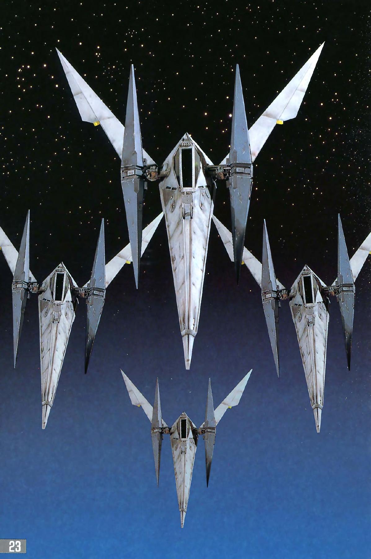 Four original Arwing craft in formation against a star-filled sky, from the Star Fox instruction booklet