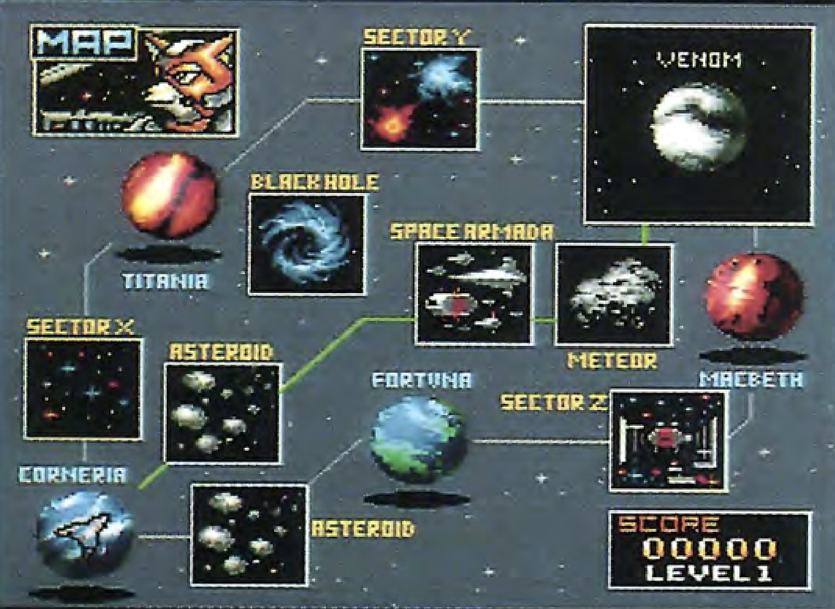 The Lylat system course map from the original Star Fox instruction booklet, showing Corneria, the asteroid fields and routes to Venom