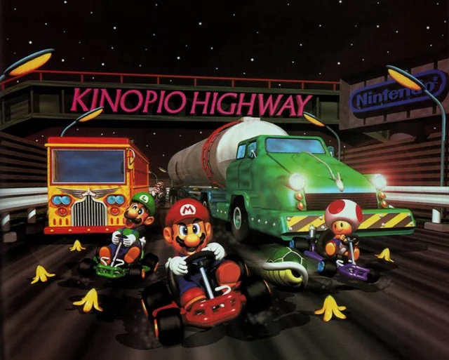 Mario, Luigi and Toad weave through the traffic in the original Toad’s Turnpike artwork